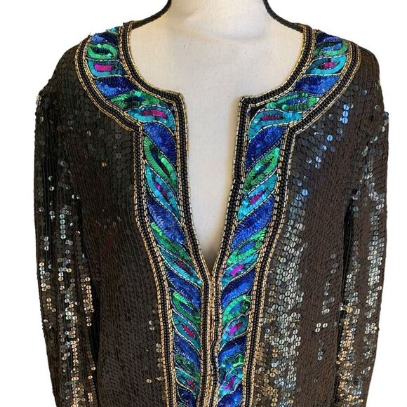 Stenay Vintage 80s Silk Sequins Dinner Jacket Black w/ Multicolor Trim Lined Lg - Picture 2 of 11